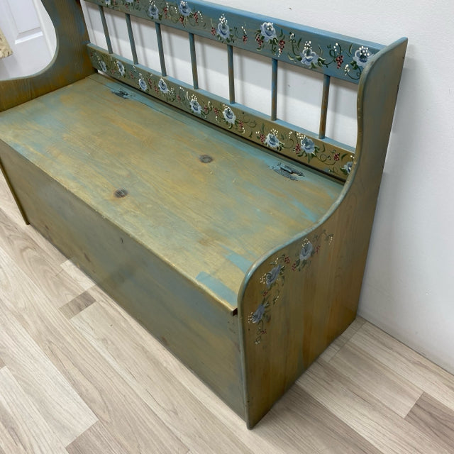Hand Painted Blue-Multi Floral Wood Storage Bench