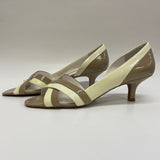 Franco Sarto Size 9 Tan-Cream Color Block Patent Leather Open Toe Pumps