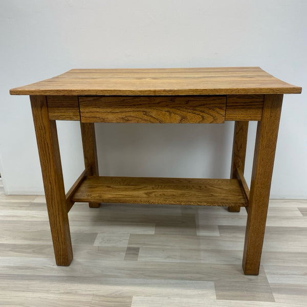 Brown Oak Desk with Front Drawer and Bottom Shelf