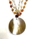 Carnelian, shell and pearls 3 chain strand necklace