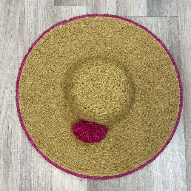 Nine West Large Floppy Tan Straw Hat with Pink Trim