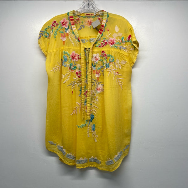 Johnny Was Size S Women's Yellow-Multicolor Embroidered Tunic Short Sleeve Top