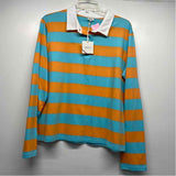 Kule Size L Women's Blue-Orange Stripe Polo Long Sleeve Top