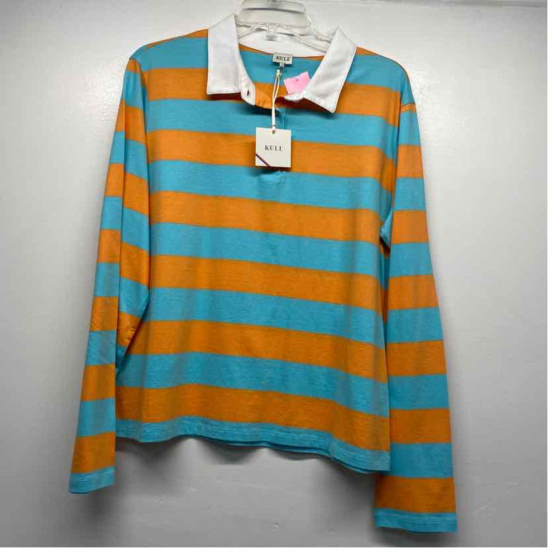 Kule Size L Women's Blue-Orange Stripe Polo Long Sleeve Top