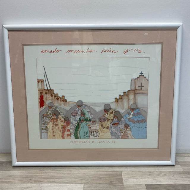 White Framed Painting Christmas in Santa Fe by Amado Maurilio Pena