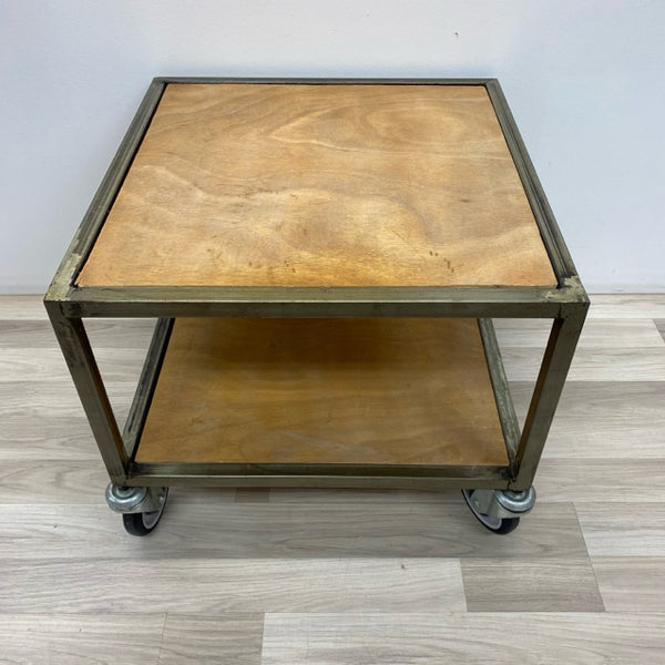 Handmade Industrial Tan Wood-Metal Rolling Table