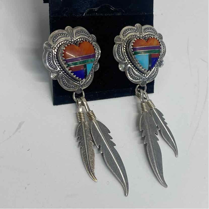 Silver-Multicolor Sterling Silver Heart Shape Southwestern Earrings