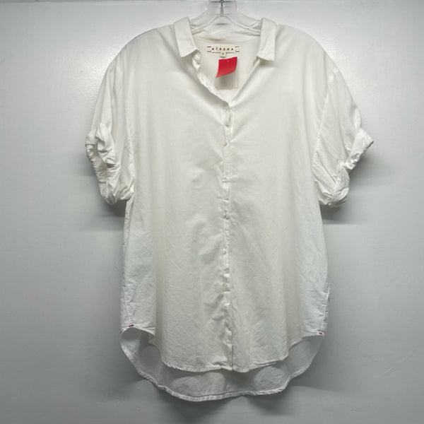 Xirena Size L Women's White Solid Button Up Short Sleeve Top