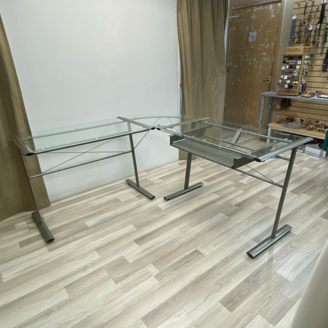 L Shape Clear Metal-GLass Desk