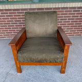 Mission Style Solid Green Microsuede Brown Wood Arm Chair