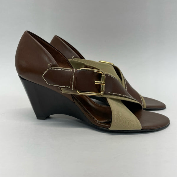 Franco Sarto Size 8 Women's Brown-Tan Color Block Wedge Heels