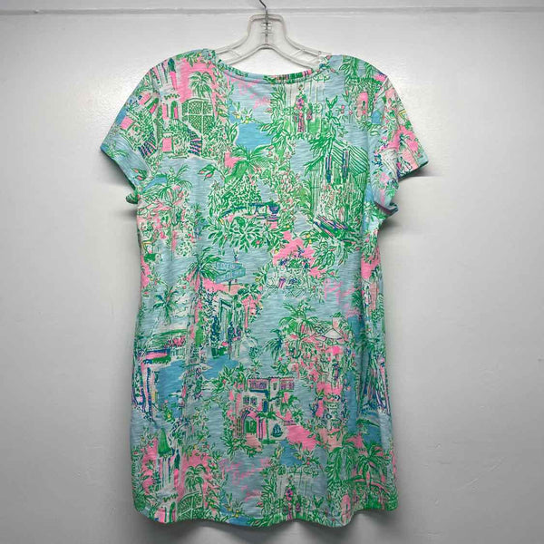 Lilly Pulitzer Size L Women's Aqua-Multicolor Tropical T-Shirt Short Sleeve Top
