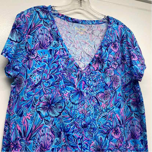Lilly Pulitzer Size L Women's Blue-Pink Pattern V Neck Short Sleeve Top