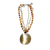 Carnelian, shell and pearls 3 chain strand necklace