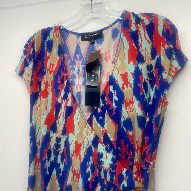 Jones New York Size S Women's Blue-Multi Abstract Faux Wrap Dress