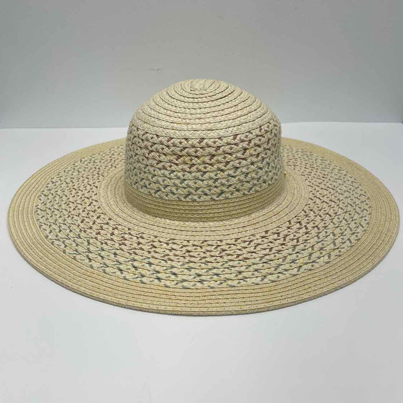 BCBG Generation Tan- Multi Pattern Round Adjustable Straw Hat
