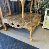 Square Brown Carved Wood Base Stone Top Coffee Table