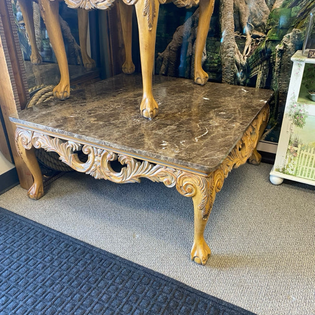 Square Brown Carved Wood Base Stone Top Coffee Table