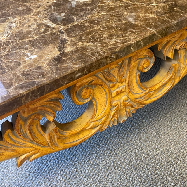 Square Brown Carved Wood Base Stone Top Coffee Table