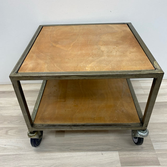 Handmade Industrial Tan Wood-Metal Rolling Table