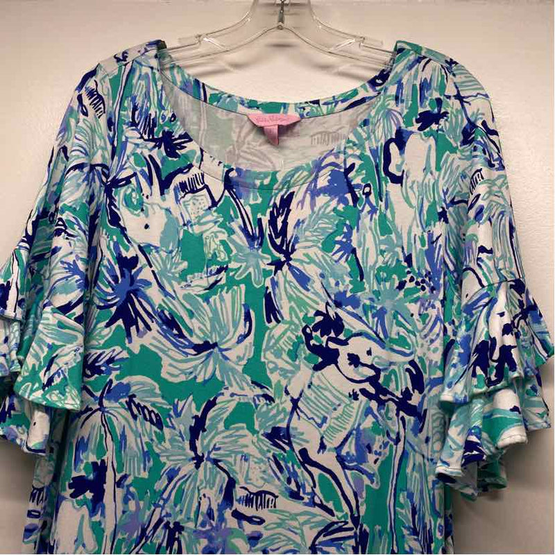 Lilly Pulitzer Size L Women's Blue-Aqua Pattern T-Shirt Dress