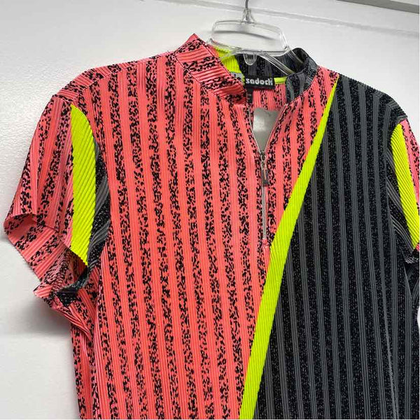 Jamie Sadock Size M Women's Peach-Multi Patchwork Zip Mock Neck Short Sleeve Top