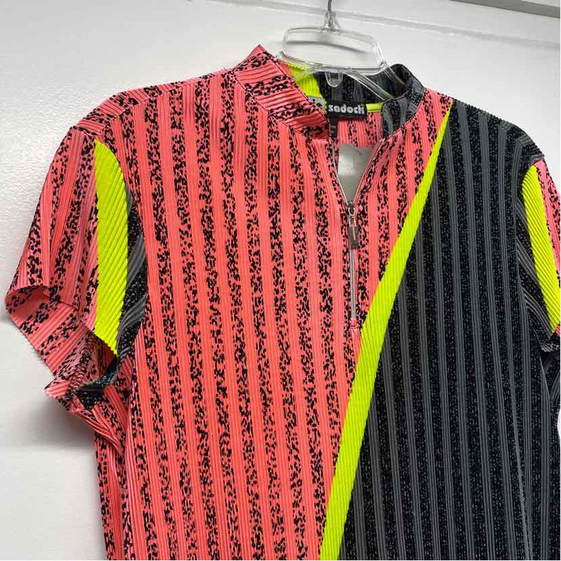 Jamie Sadock Size M Women's Peach-Multi Patchwork Zip Mock Neck Short Sleeve Top