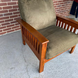 Mission Style Solid Green Microsuede Brown Wood Arm Chair