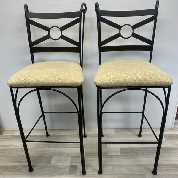 Black-Tan Wrought Iron Tweed Fabric Seat Stool - Pair