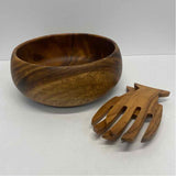Made in Phillippines Round Brown Acacia Wood Calabash Salad Bowl w Serving Tongs