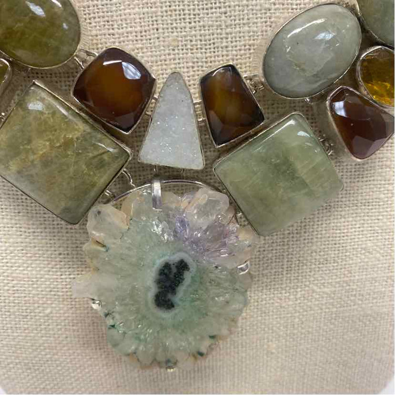 Multistone with center Amethyst Stalactite Flower slice pendant