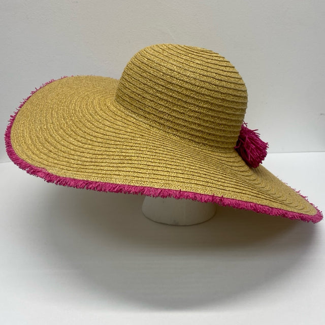 Nine West Large Floppy Tan Straw Hat with Pink Trim