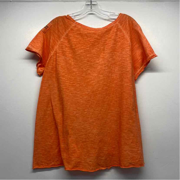Angela Mara Size M Women's Orange Patchwork Crew Neck Short Sleeve Top