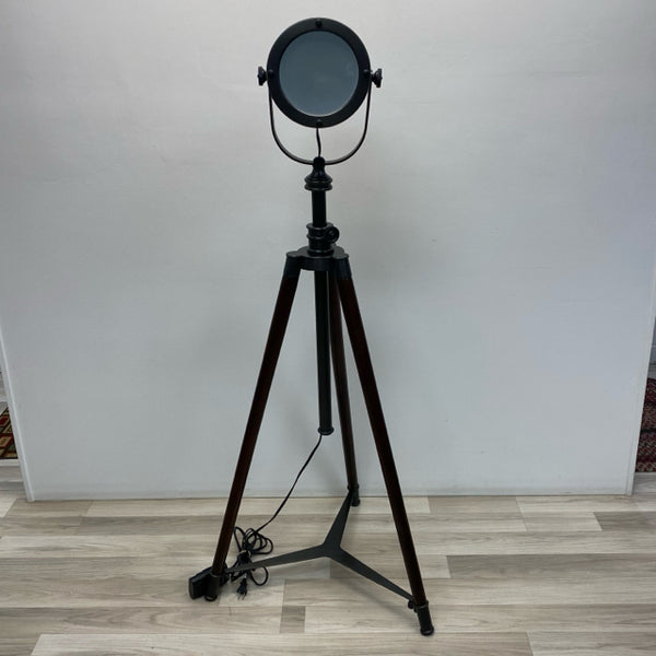 Brown Wood-Metal Floor Lamp Spotlight on a Tripod