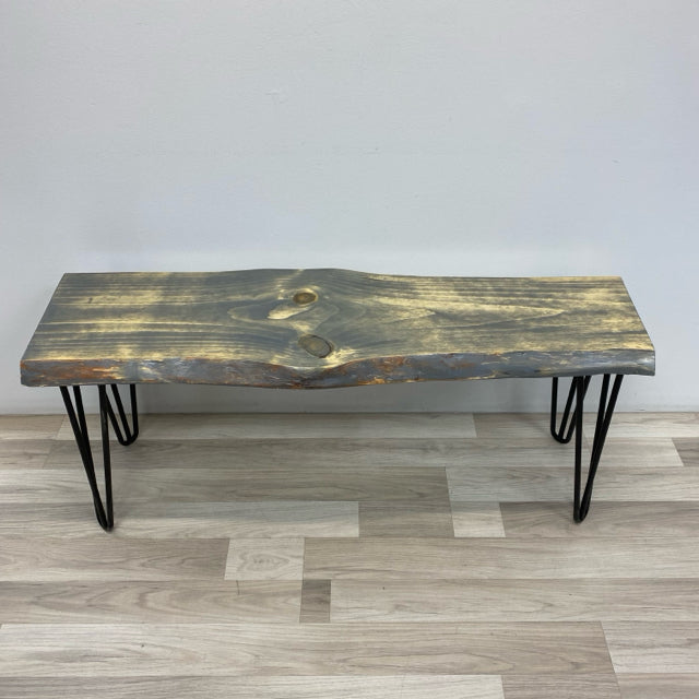 Handmade Gray Wood Bench w Black Pin Legs