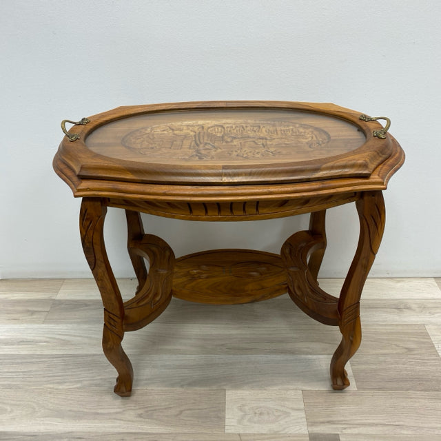 Brown Wood Carved Side Table w Removable Glass Tray