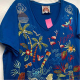 Johnny Was Size L Women's Blue Embroidered T-Shirt Short Sleeve Top