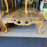 Square Brown Carved Wood Base Stone Top Coffee Table
