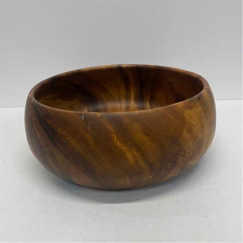 Made in Phillippines Round Brown Acacia Wood Calabash Salad Bowl w Serving Tongs