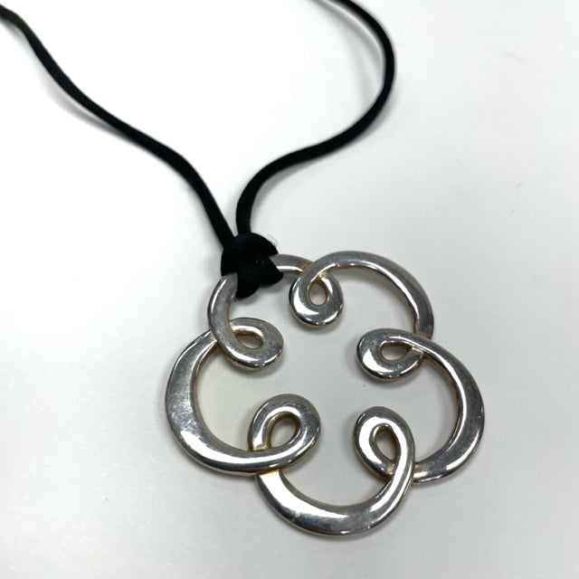 Tous Silver-Black Silver Adjustable Cord Necklace with open Flower