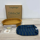 Longaberger Brown Wicker Serving Tray w Striped Blue Fabric Liner and Handles
