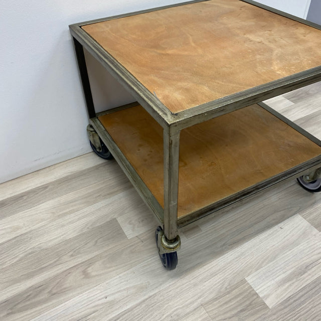 Handmade Industrial Tan Wood-Metal Rolling Table