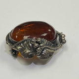 Oval Polished Baltic Amber Stone Set in Sterling silver with Foliate and Floral