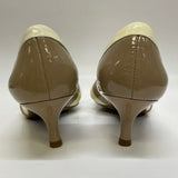 Franco Sarto Size 9 Tan-Cream Color Block Patent Leather Open Toe Pumps