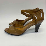 Sofft Size 8.5 Women Solid Brown Patent Leather-Suede Open Toe Ankle Strap Heels
