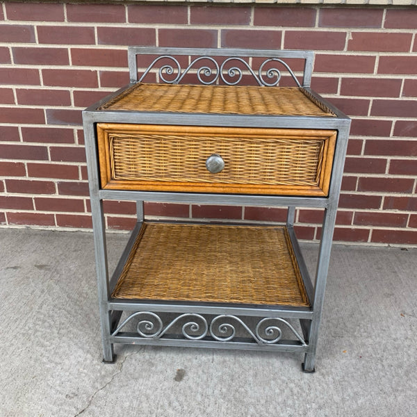 Rattan - Metal Side Table with sindle Shelf and Drawer