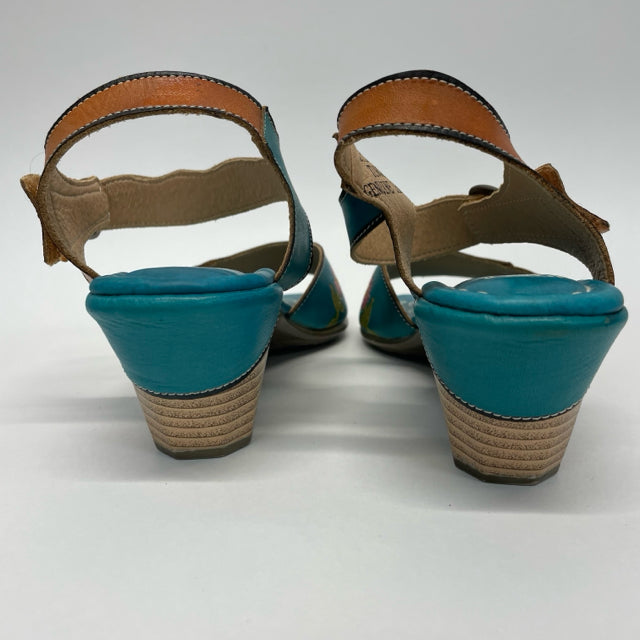 L'Artiste Size 37-6 Women's Teal-Mullticolor Floral Strappy Sandals