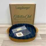Longaberger Brown Wicker Serving Tray w Striped Blue Fabric Liner and Handles