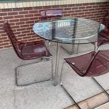 Ikea Clear-Silver Metal-GLass Round Dining Room Table & 4 Pink Acrylic Chairs