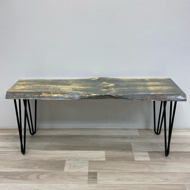 Handmade Gray Wood Bench w Black Pin Legs